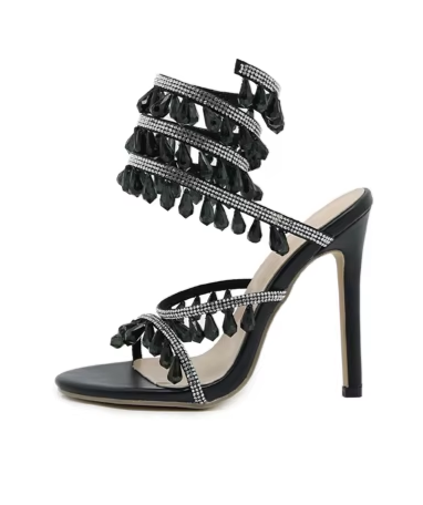 Embellished Spiral Wrap Around Stiletto Heels Black