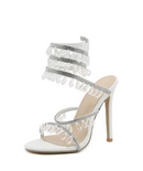 Embellished Spiral Wrap Around Stiletto Heels in White