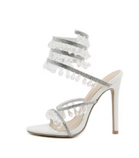 Embellished Spiral Wrap Around Stiletto Heels in White