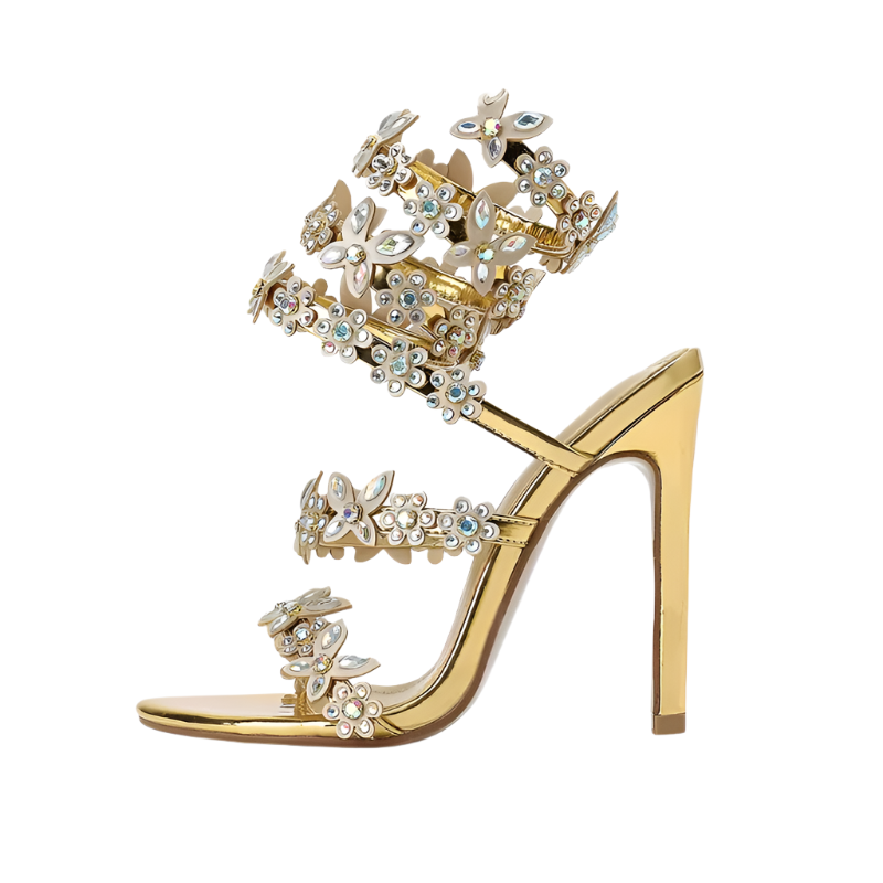 Rhinestone Gold Flower Detail Spiral Wrap Square Toe Stiletto Heel