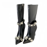 Black Rhinestone Detail Mid Calf Stiletto Heel Boots