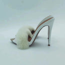 Tara Faux Fur Stiletto Mule Heels in White