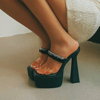 Molly Coin Chain Detail Black Platform Mule Heels