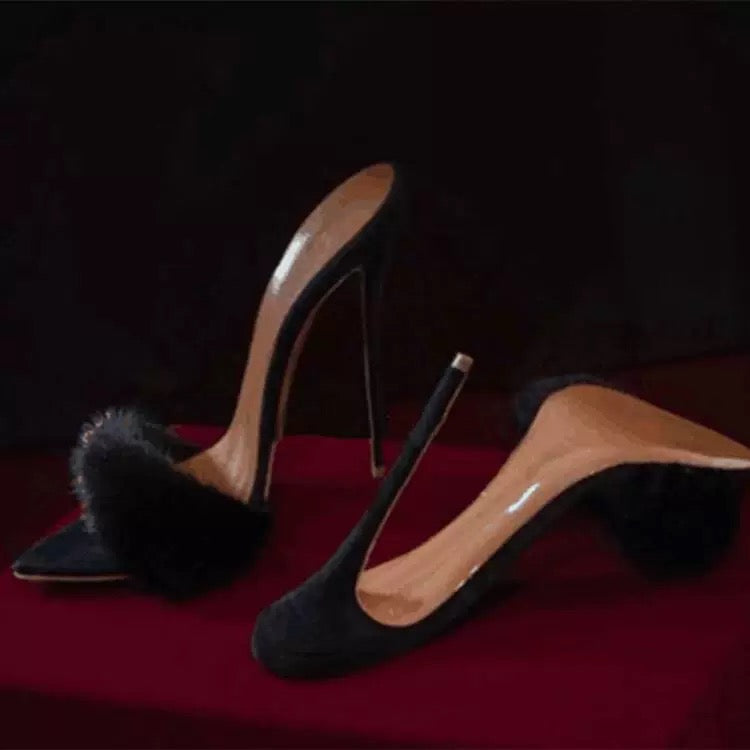 Tara Faux Fur Stiletto Mule Heels in Black