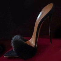 Tara Faux Fur Stiletto Mule Heels in Black