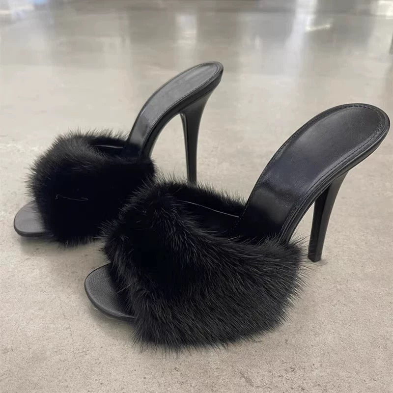 Blair Faux Fur Mule Heels in Black