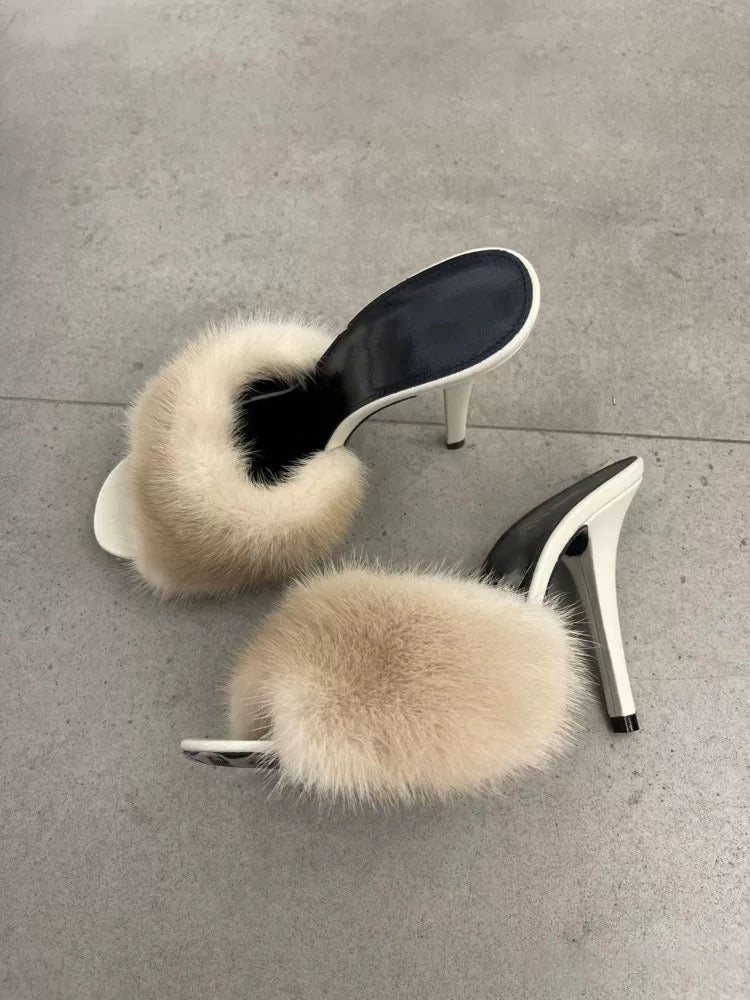 Blair Faux Fur Mule Heels in Cream