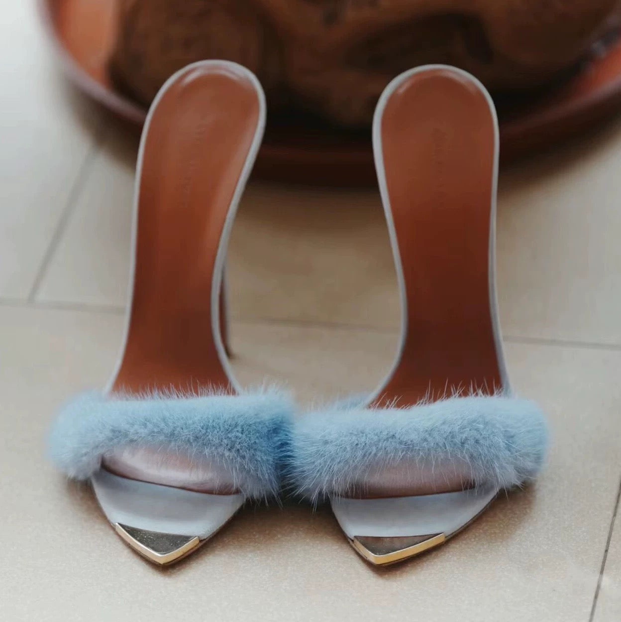 Tara Faux Fur Stiletto Mule Heels in Light Blue