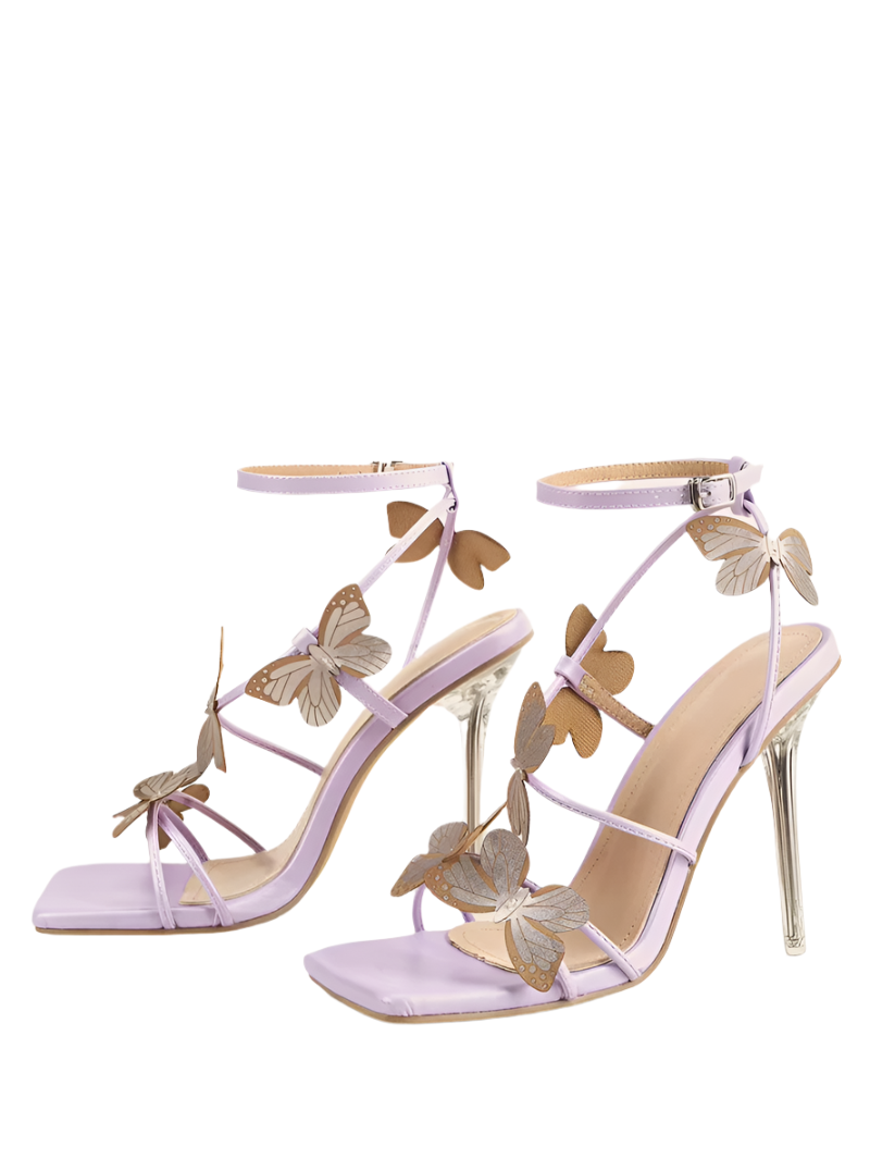 Butterfly Detail Buckle Strap Square Toe Stiletto Heel