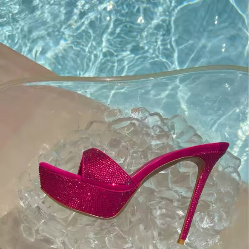 Kova Pink Rhinestone Platform Mule Heels