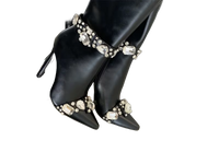 Black Rhinestone Detail Mid Calf Stiletto Heel Boots