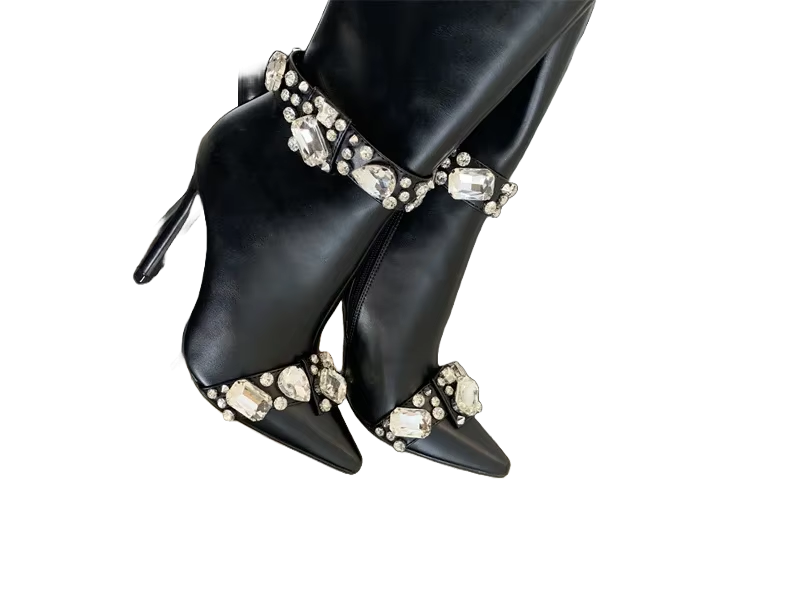 Black Rhinestone Detail Mid Calf Stiletto Heel Boots