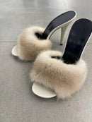 Blair Faux Fur Mule Heels in Cream