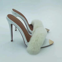 Tara Faux Fur Stiletto Mule Heels in White