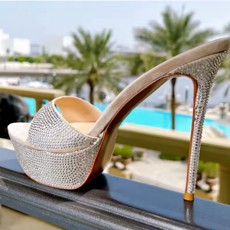 Kova Silver Rhinestone Platform Mule Heels