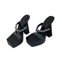 Molly Coin Chain Detail Black Platform Mule Heels