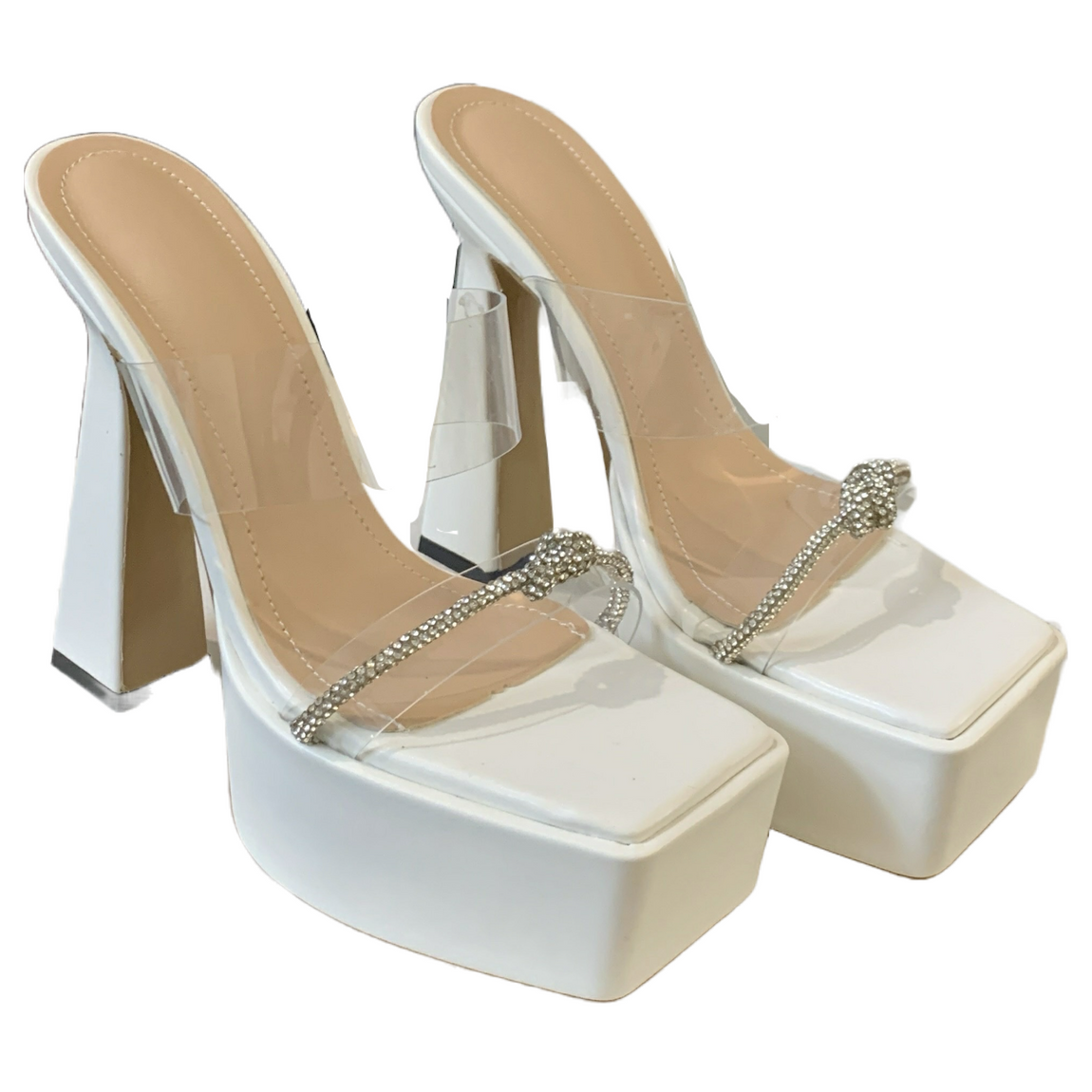 Nova Rhinestone Knot Platform Mule Heels White