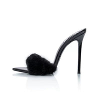 Tara Faux Fur Stiletto Mule Heels in Black