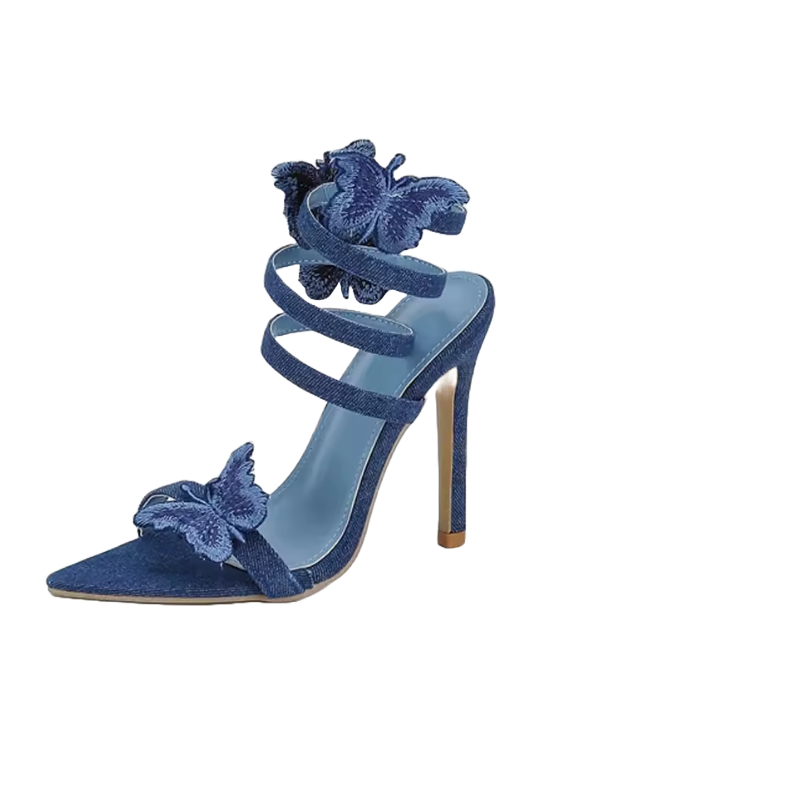 Butterfly Detail Denim Spiral Wrap Around Strappy Stiletto Heel