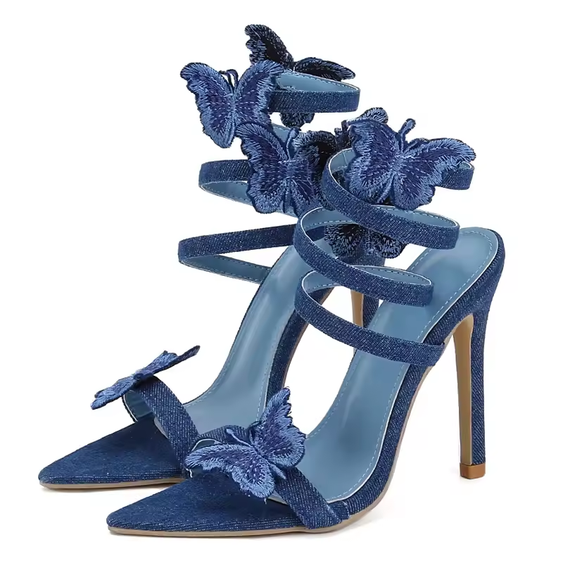 Butterfly Detail Denim Spiral Wrap Around Strappy Stiletto Heel